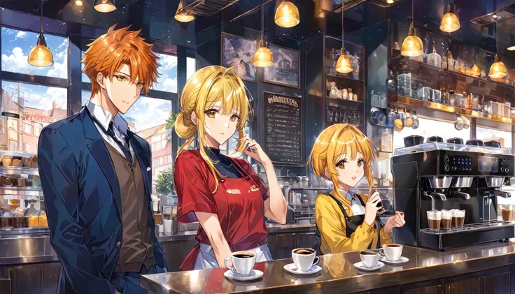 anime - style image of a man in a restaurant with a coffee machine, tall anime guy with blue eyes, mysterious coffee shop girl, orange - haired anime boy, young anime man, blonde boy with yellow eyes, best anime 4k konachan wallpaper, in a bright cafe, ani...