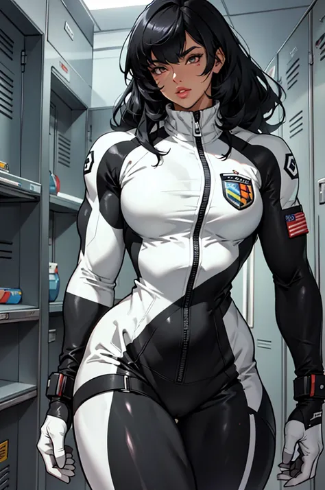 (Muscular) woman, black hair, bangs, tanned (detailed eyes), (detailed lips), black and white bodysuit, cropped jacket, pilot suit, (curvy), sci fi, solo (best quality) locker room, anatomically correct