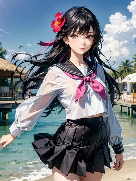 Atsushi Kamijo style, Beautiful girl, Symmetrical Neat Straight bangs, Shiny black hair, Long hair and great style, Long limbs, Attractive Large eyes, very beautiful face, Sharp features, (Sailor suit without a tie:1.2, Long uniform skirt:1.2, ear piercing...