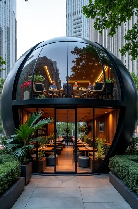 Restaurant in the middle of the city in the shape of an elegant sphere cut in half, minimalist, made of glass and wood partitions, dark tones and decorative plants.