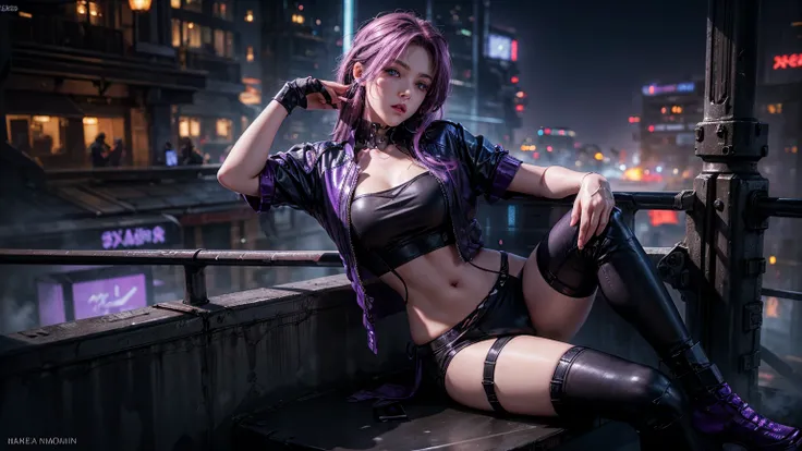 photorealistic,  RAW Extremely detailed,  dynamic Lighting,  highlight the character, 1women,  solo,  hips up,  pose,  shining skin,  Detailed Eyes and Lip,  Purple long waxy Hair,  cyber punk underwear,  Closed mouth,  Night,  Sitting,  barricade,  Look a...