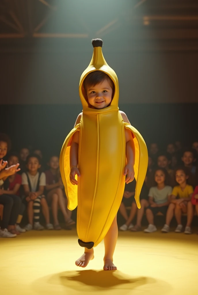 A little child walking on stage with banana costume as a model in front of people 