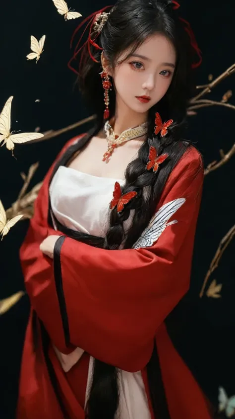 araffe woman in a red dress with a butterfly in her hair, palace ， a girl in hanfu, wearing ancient chinese clothes, hanfu, insp...