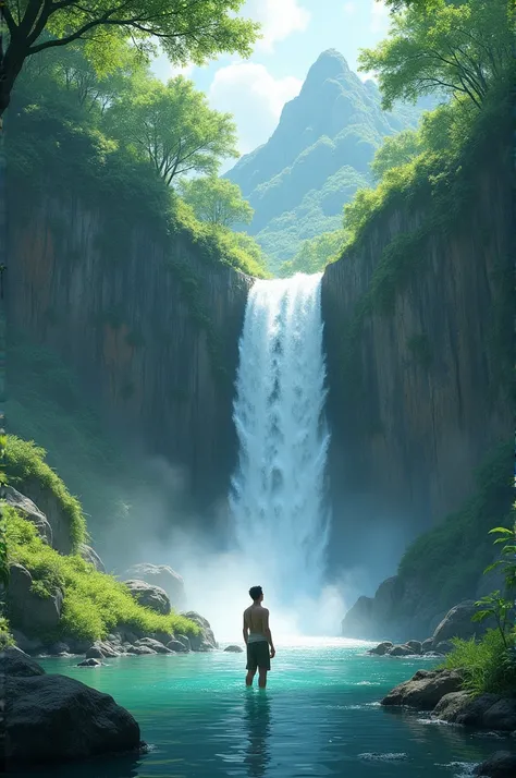 a waterfall with a man standing in the water below it and a green forest behind it with rocks and grass, Cui Bai, naturalism, waterfall, a picture