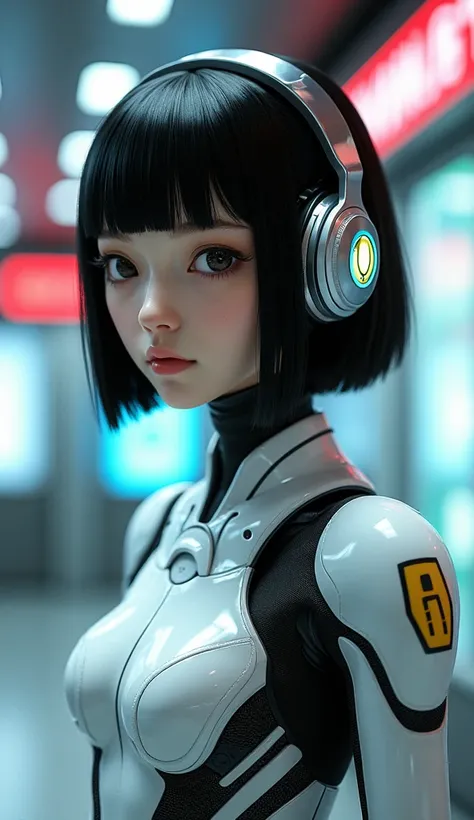 Highly detailed and stylized digital artwork featuring a futuristic, humanoid female android. The subject has a pale, porcelain-like skin tone with strikingly realistic facial features, including large, expressive dark eyes, and a small, delicate nose. She...