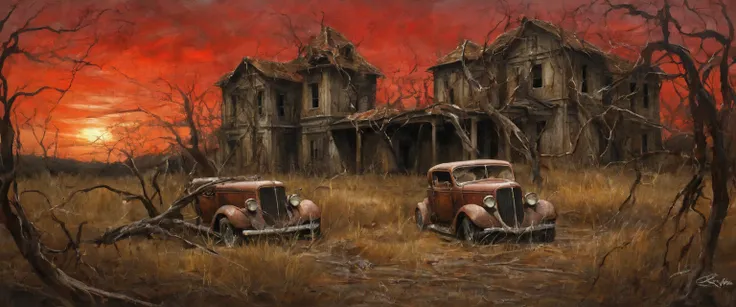 An old worn out house, with its wooden facade worn by time and neglect, It is wrapped in vines that have claimed it as their own. An antique 1934 Ford Coupe, whose once elegant lines are now rusty and faded, It is found abandoned in the driveway. In the fo...