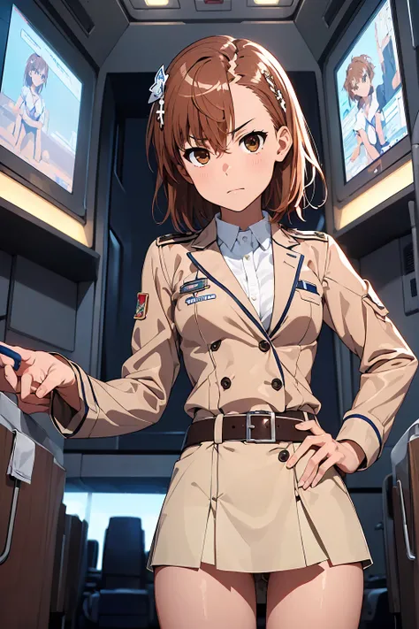 nsfw　(masterpiece:1.3), (Best Quality:1.1), (8k, Very detailed, Ultra-high resolution:1.2), ((Misaka Mikoto)), Five perfect fingers, Perfect Anatomy, One Girl, Short Hair　Brown Hair　Brown eyes, View your audience, Cool face　Glare　 (Cowboy Shot 1.5), (Detai...