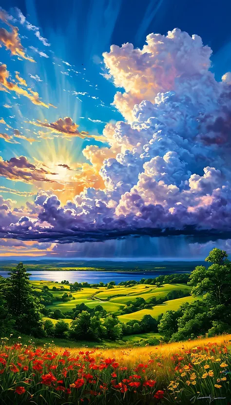 Summer sky (Painterly style), Realistic, highly Realistic, Attention to detail, breathtakingly Realistic, High contrast realism, Highly saturated realism, Vibrant colors, Dramatic lighting, Charming landscape, Compelling Storytelling, Atmospheric landscape...