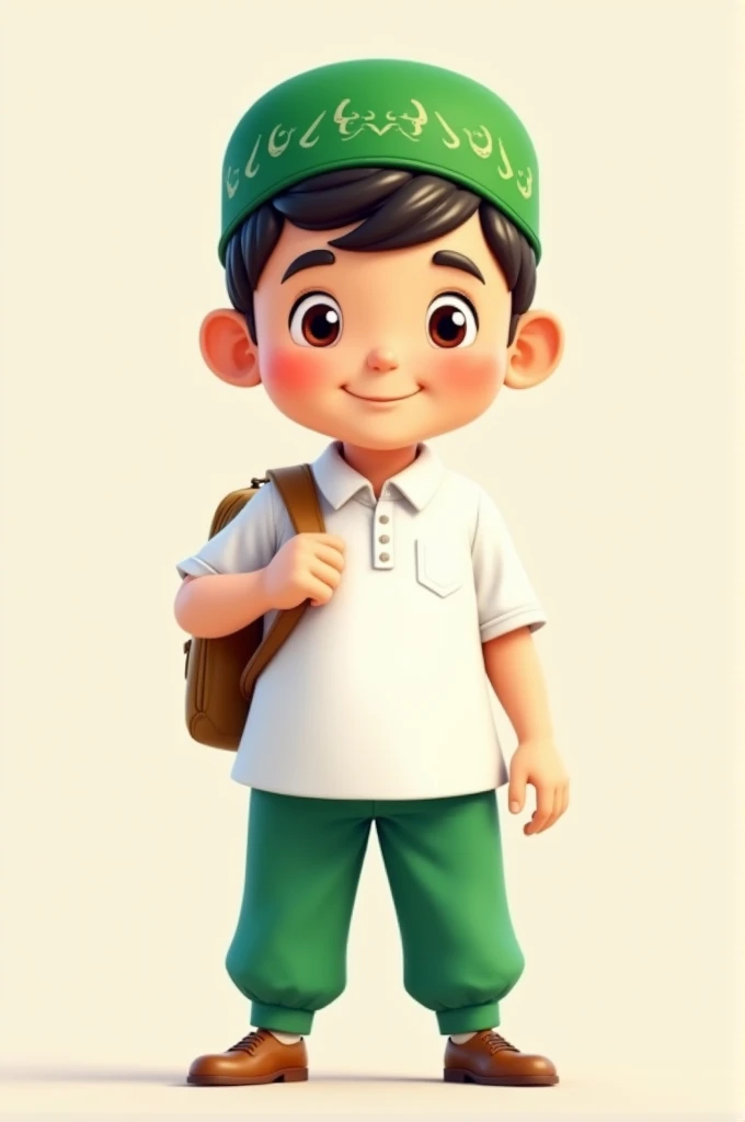 Make a cartoon character. Who wear a white shirt, green pant , green islamic cup and carry a bad. Dont add his face.