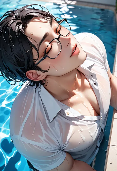 Highest quality、masterpiece、, 8k, Highest quality, masterpiece, Ultra HD, good looking、1 male、Look Up、Eyes closed、Black Hair、Glasses、Pool、Wet、White shirt gets wet、Upper Body、