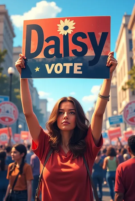 A person holding a sighn saying vote for daisy