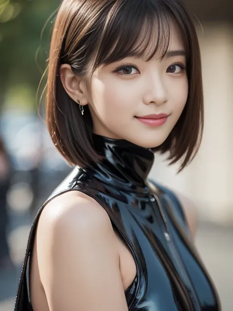 ((Superior Quality, 8k, Master Parts: 1.3)), 1 girl, smile, whole body, Thin face, Beautiful woman, (Dark Brown Hair), vestido de whole body: 1.1, Ultra detailed face, Detailed eyes, two重まぶた, Blurred Background, Thin face, city, outside, two, Latex bodysui...