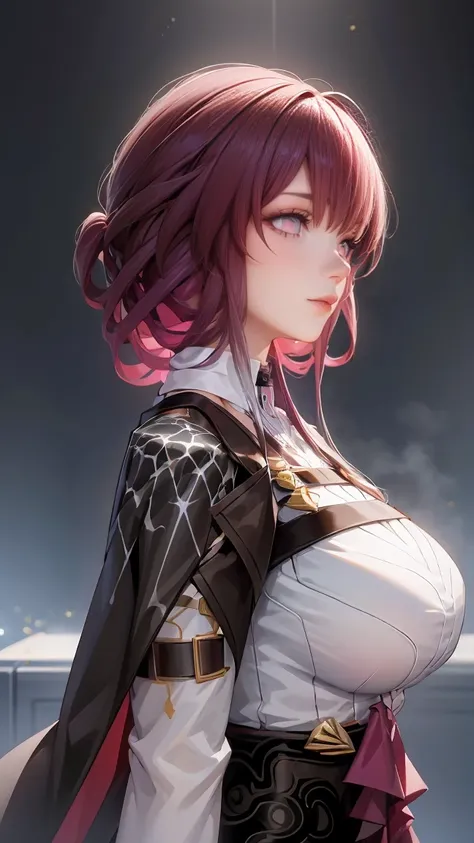 masterpiece, portrait of a girl, emphasis on the face, Best quality, 8 k, One lady, at full height, at full height (body full 1.1.), masterpiece, correct anatomy 1.1., Two purple eyes, purple hair, Busty, huge breasts, view of the split, cowboy shot, I loo...