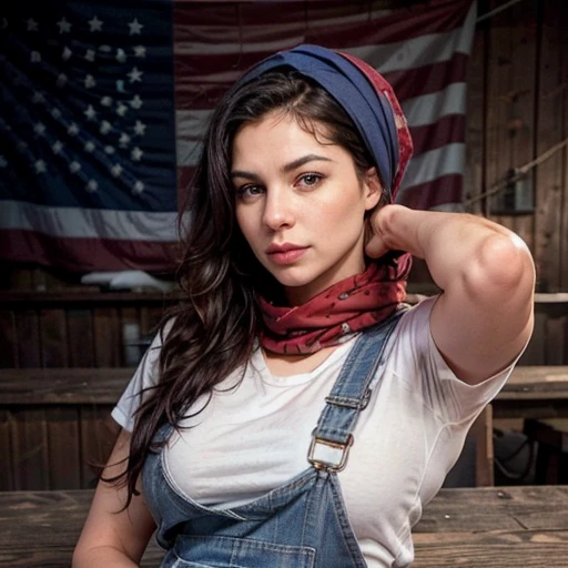 american shot. predominant colors: blue, red, white. a woman, flexing one of her biceps sideways to the viewer. she is a curry s...