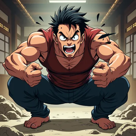 Make a photo of a handsome black-haired masculine man closing his eyes hard, opening his mouth wide and yelling unwillingly, squatting in a Japanese anime style