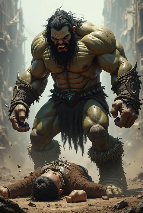 A hairy orc oc that Is hot , shirtless and stomping an Enemys head