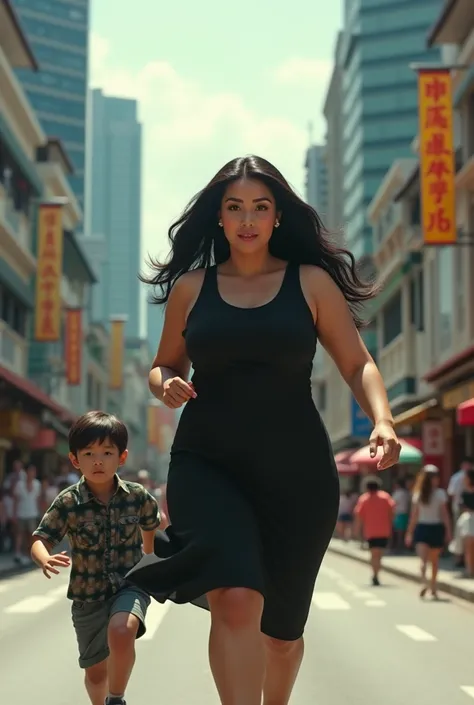 cinematic of a black haired woman, curvy body wearing clothes,black housedress and a  boy looking at the camera, currently running in singapore