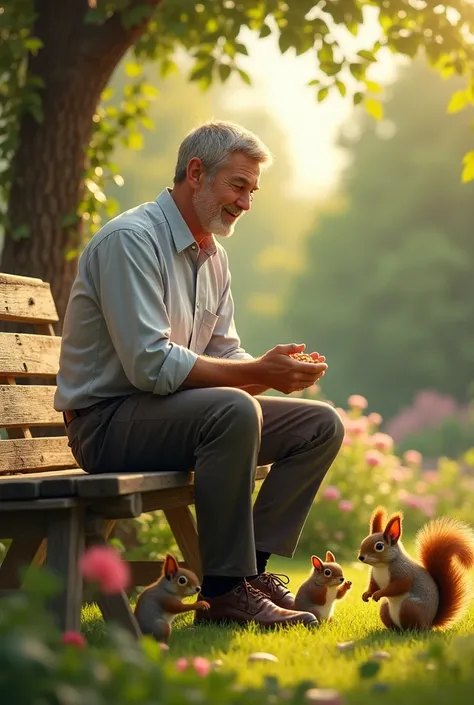 A man sitting on the bench having peanuts in the  garden  3 squirrels trying to attract him to have some peanuts