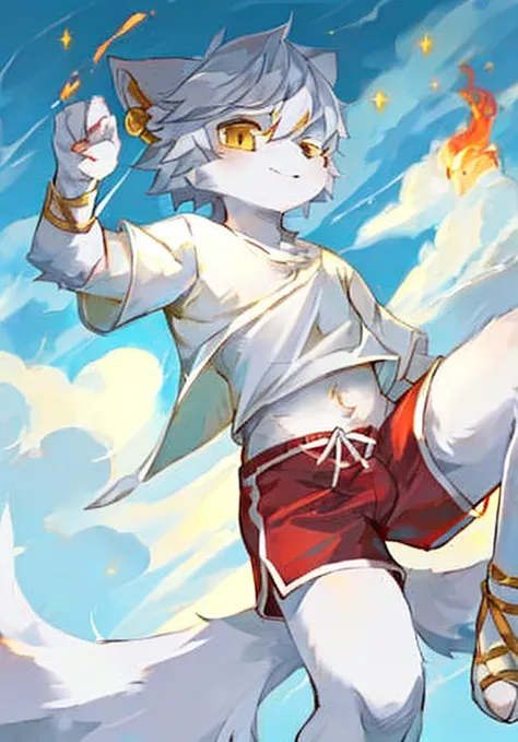 Silver Hair，Golden Eyes，White male cat，Orange fur，White fur，White top，Red shorts，Lovely，Q version，Handsome，Cast golden magic，Above the clouds