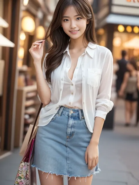 Cowboy Shot, View your viewers, (Early Autumn Shopping Date), (8k, RAW Photos, Best Quality, masterpiece:1.2), (Realistic, Photorealistic:1.4), (Stylish urban clothing:1.1), (Open Shirt), Japanese female university student, (One Woman:1.2), She is very bea...