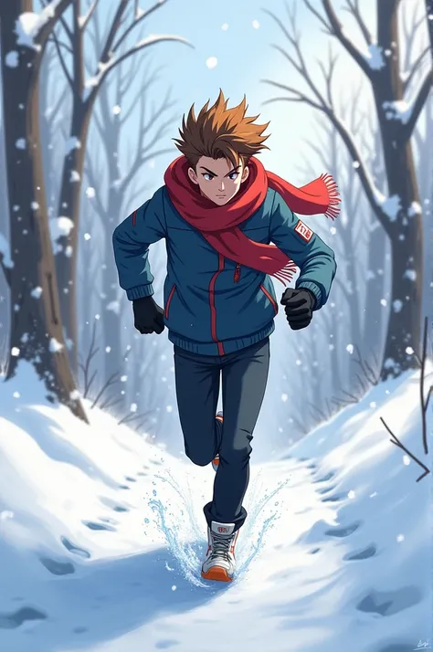 A anime guy running in winter season 