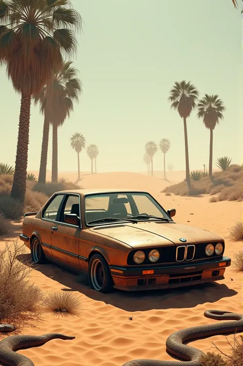 A Rusted BMW  Car Stucked In Desert Near By Of Palm Trees With Sankes