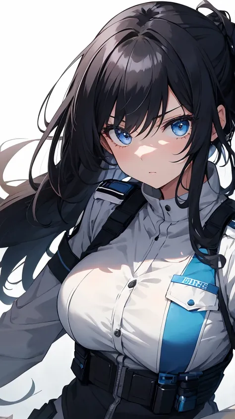 【Highest Quality, masutepiece】 [1 girl,expressioness, Female Police Officer ,Jet black head of hair, beautifull detailed face, Very blue eyes, large full breasts, Long hair fluttering in the wind, jet-black hair, Serious look, Upper body] (Gray white backg...