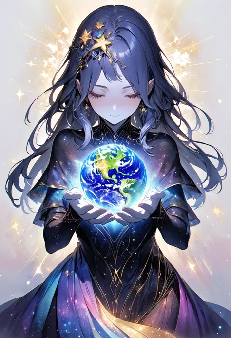 humanoid figure made of stars and galaxies with earth in her hands