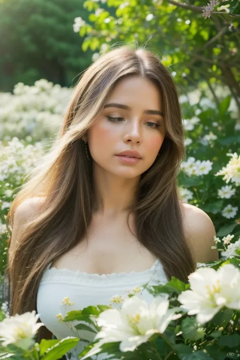 A beautiful Argentinian woman in a serene garden, long flowing hair, serene expression, (best quality, 4k, 8k, highres, masterpiece:1.2), ultra-detailed, (realistic, photorealistic, photo-realistic:1.37), vibrant colors, soft lighting, peaceful atmosphere,...