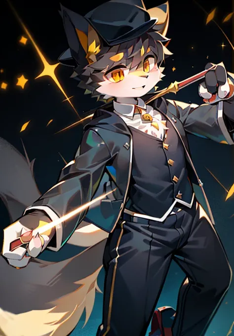 magician，Handsome，cute，White male cat，boy，Big furry tail，Black clothes，Black hat，Golden Eyes，Holding a magic wand，Perform magic