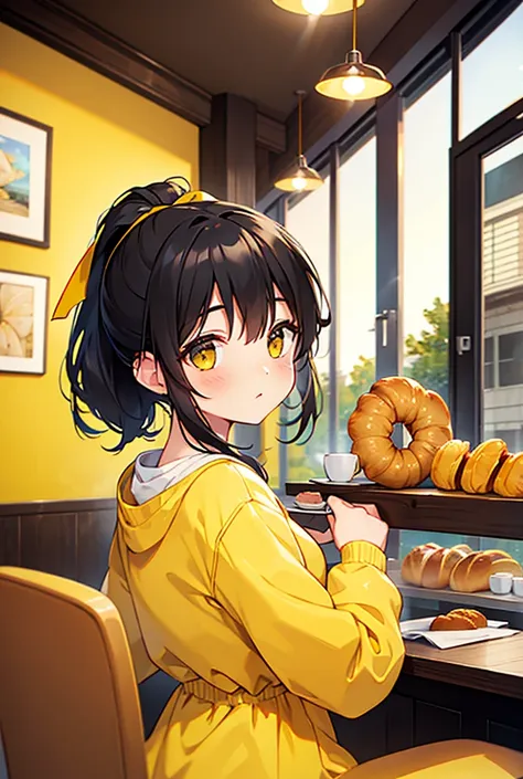 1 black-haired girl in a cafe, ponytail, yellow room wear,croissant ,  yellow ribbon,  masterpiece, accurate