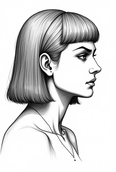 cleopatra side photo , shot hair with bang , line drawing version , fierce , black and white