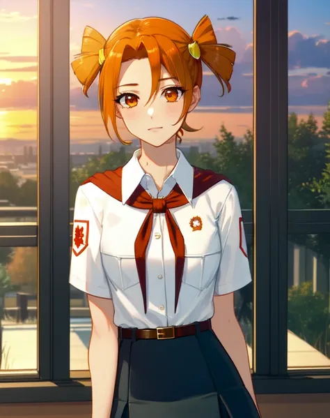 masterpiece, high quality, sit down, 1 girl, medium shot, Upper body, orange eyes, orange hair, short two ponytails, white shirt, red badge on shirt, red neckerchief with bow tie, Leather belt, blue skirt, yellow hairpin,in the room, sunset, 