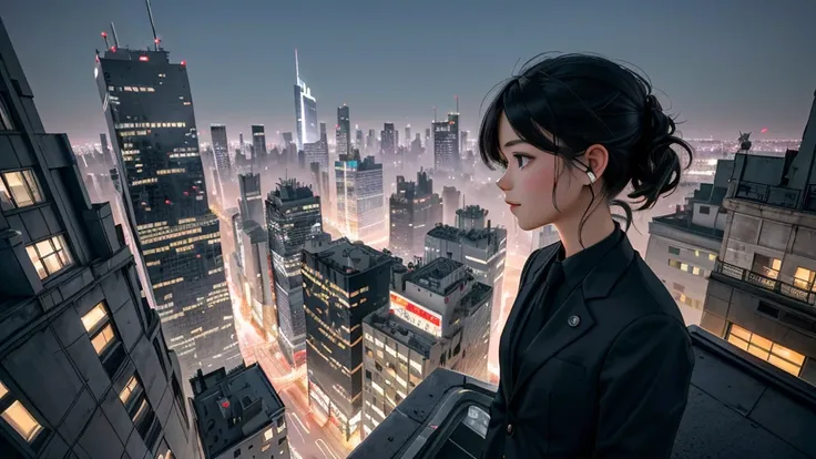 (3D, ultra-detailed, UHD, high-quality,1 girl, age 23, closeup, upper body, detailed face, futuristic city, flying cars, rooftop view), a girl stands confidently on a building rooftop, wearing a sleek suit. Behind her, a vibrant cityscape with glowing neon...