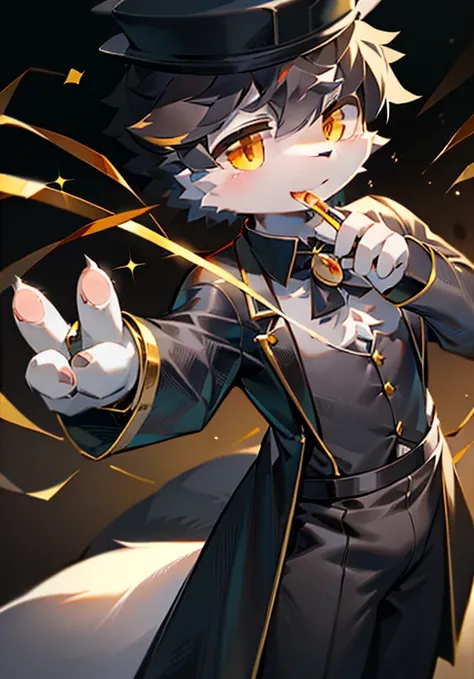 magician，Handsome，cute，White male cat，boy，Big furry tail，Black clothes，Black hat，Golden Eyes，Holding a magic wand，Perform magic。magic