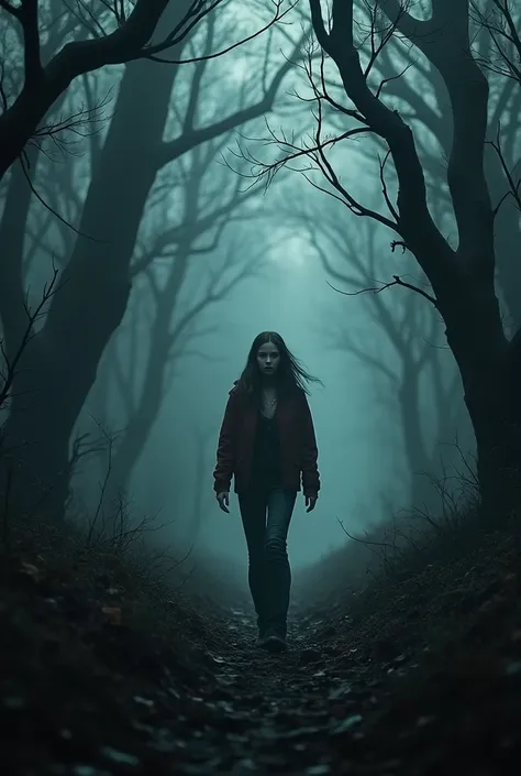 One young adult girl on horror forest