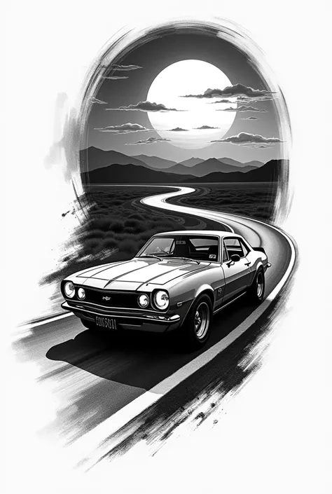 Drawing Road Chevrolet corsa sunset design to tattoo on arm black and white 