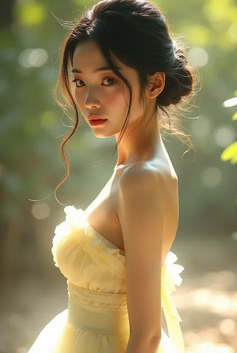 (masterpiece:1.4), (best quality:1.4), ultra-high res, 8K (sweat:0.7),Light yellow wedding dress,white short skirt,woman,japanese,exquisite face, beautiful face,bare shoulders,shoulders slightly exposed,translucent skin,black eyes,black hair,(photorealisti...