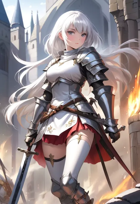 (masterpiece), (detailed), anime girl, white hair, white bangs, grey expressive eyes, medieval, best quality, brave, bright aura, swordsman, thighs, light armour, big ass, confident face, very short tight skirt, holy, warrior, leggings, sword, boots, holdi...