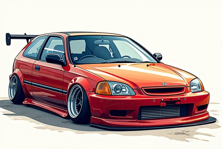 Illustration with a street racing theme, cool, thick lines, low detail, no black paint, slammed, Honda Civic EG6 hatchback car model, no background, coloring book, Kanjozoku