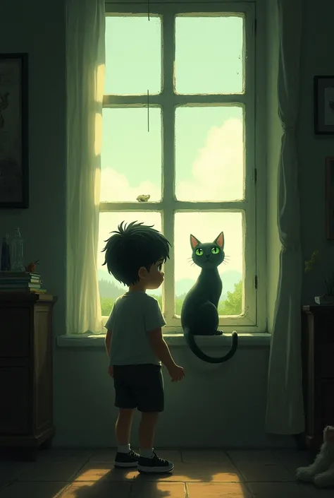 The boy’s mother calls him away, and he reluctantly pulls his hand back, leaving the window. Oliver drops down from the windowsill, watching as the boy fades into the distance. The cat slowly curls up on the floor, his green eyes filled with the same lonel...