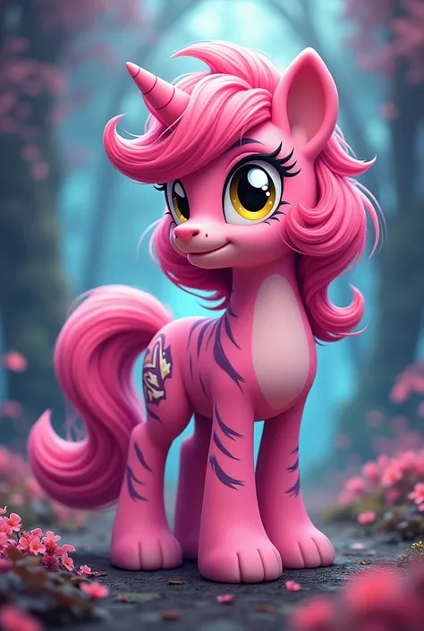 my little pony, Full length character, pink tiger pony, bob hair, wild look of yellow eyes, tiger tail