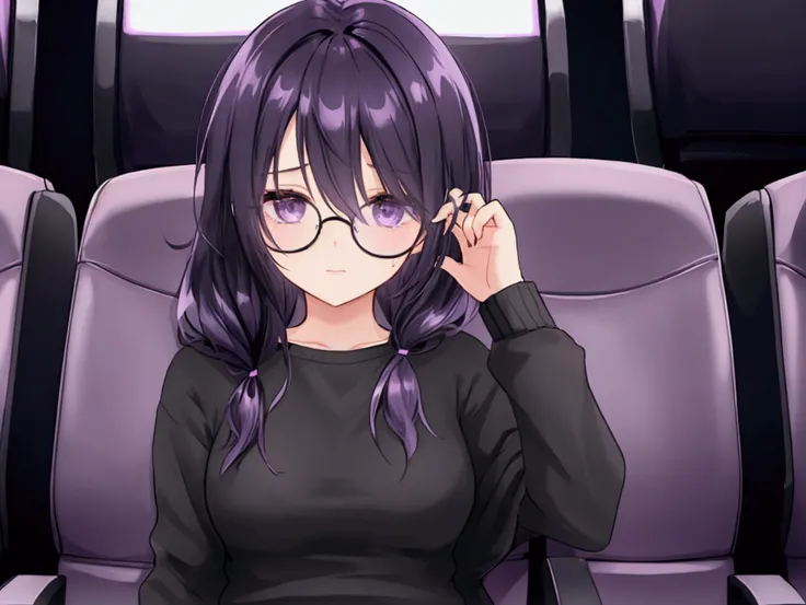 Female 1, purple-black hair trailing down to cover one eye  eyes Wear round glasses Twittel hair Sitting alone in the middle of a movie theater Cover your face with both hands and cry.