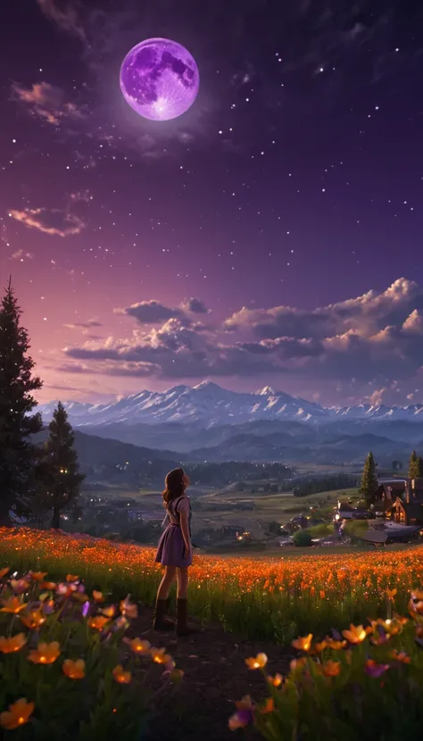 Vast landscape photography , (Take a look at this Western-style fantasy city，Shows the sky above and the open space below), A girl standing in a flower field looking up, (full moon:1.2), ( meteor:0.9), (Star Cloud:1.3), Fir Mountain, Treebreak Production A...