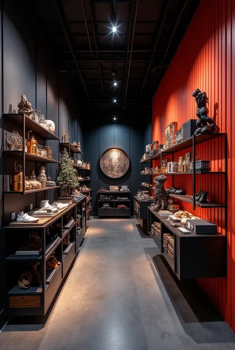 Inside a 15-meter, three-dimensional shop that has two walls, right and left, and the walls have different and dark colors.. 