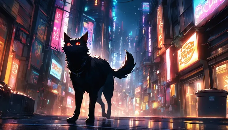 A black cat named Kuro wandering freely through the streets of a neon-lit city at night. He knocks over a trash can and leaps forward with a sense of freedom and joy. The vibrant glow of neon signs illuminates the scene, but Kuro is undeterred, confidently...