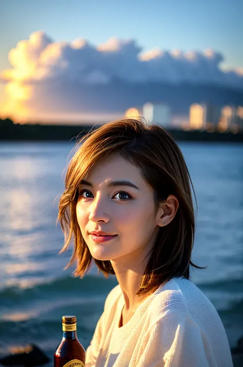 (Realistic, 超Realistic:1.4), 16K HDR, High resolution,Brown short hair,The best smile、Japanese actress,so beautiful(It looks like the real thing),Short sleeve dress,Whiskey Bottle、The Macallan、Johnnie Walker、、Old Parr、whiskey、Suntory、Nikka、Slim couple、Mode...