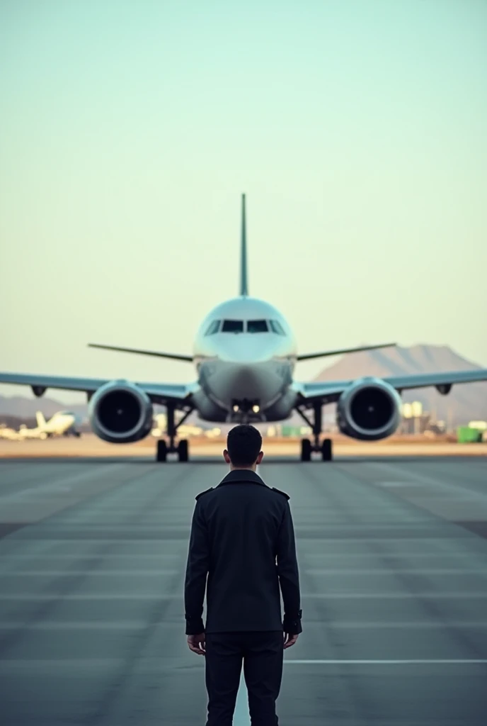 Person standing facing towards the stopped airplane in airport runway real images 
