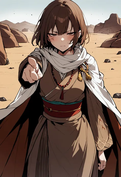 1 girl、Short Hair、Brown Hair、Brown eyes、Scars on face、Multiple wounds、Beaded Necklaces、White scarf、Cape、kimono、band、Long sleeve、包bandを巻いた腕、Brown hat、sweat、Cowboy Shot、desert、rock、Dust、Dustの雲、Pointing at the viewer、Disgust、Half-closed eyes