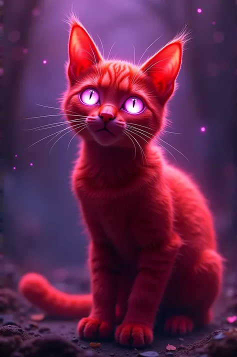 A red cat and lezer eye and background is purple 